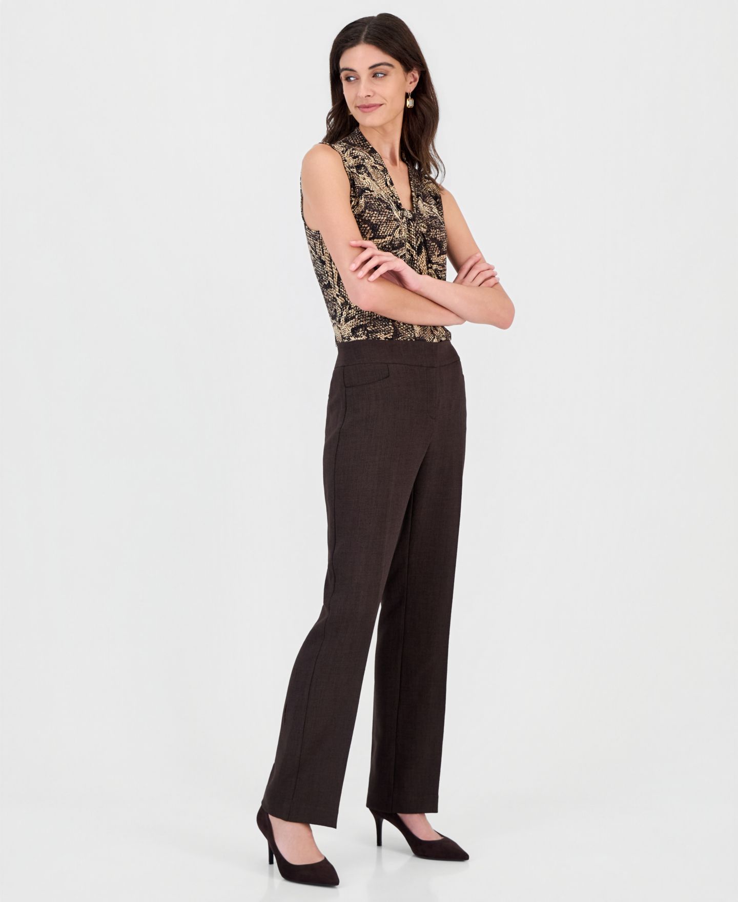 Женские брюки Kasper Lily Mid Rise Straight Leg Pebble Crepe Trousers, цвет: Насыщенный шоколадный — фото 3