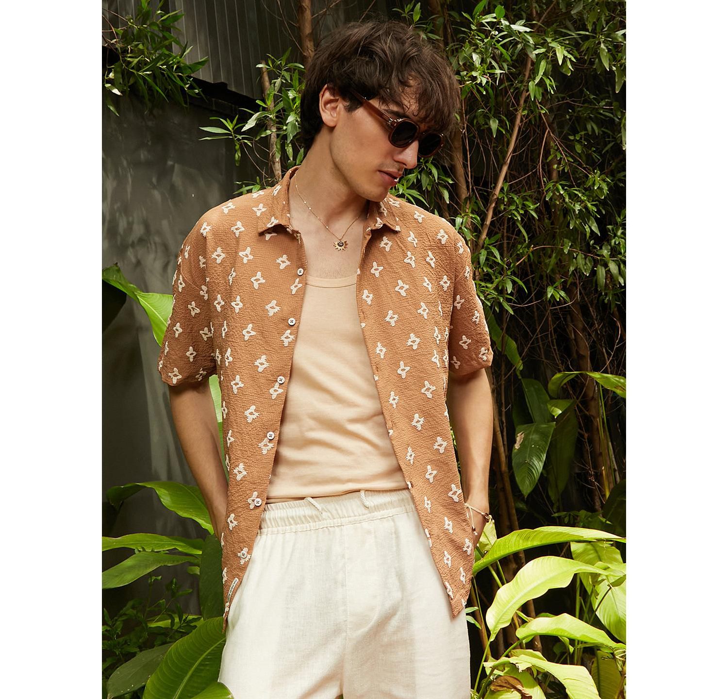 Men's Tan Floral-Tactile Oversized Shirt