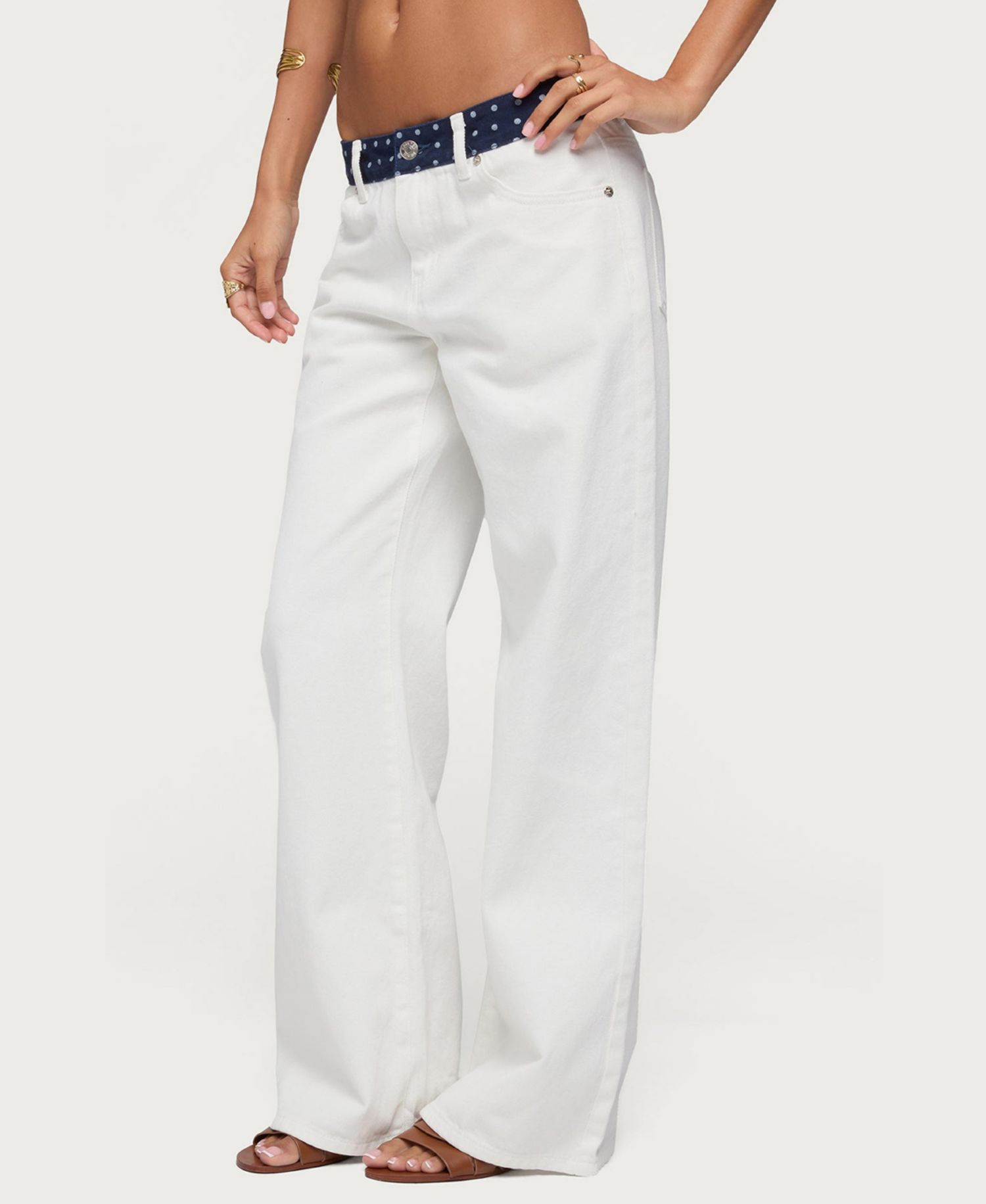 Women's Polka Dot Waistband Low Rise Baggy Jeans