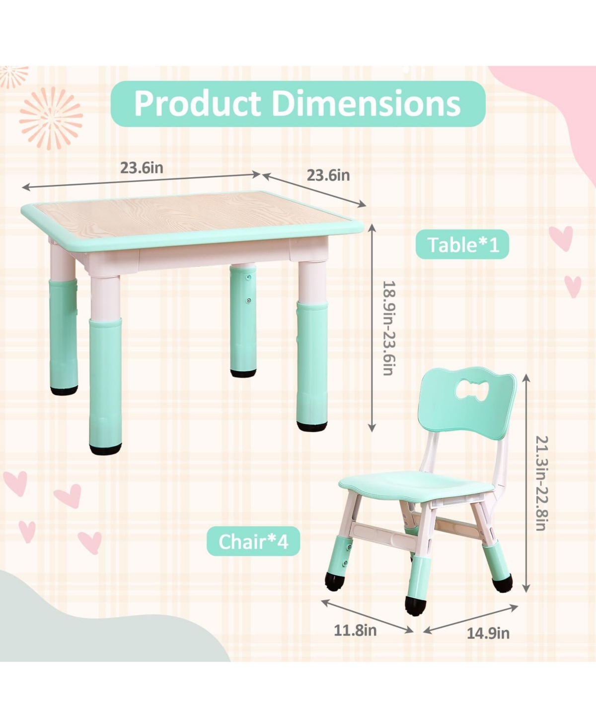 gaomon Height Adjustable Kids Table and 4 Chairs Set Toddler Activity Furniture for Ages 2-10