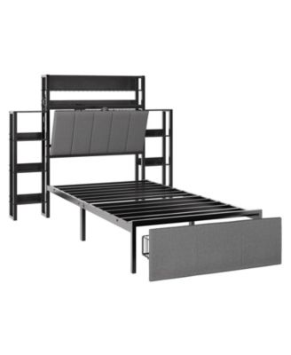 Twin Size Upholstered Bed Frame with Hidden Headboard Storage, LED Lights, Charging Station