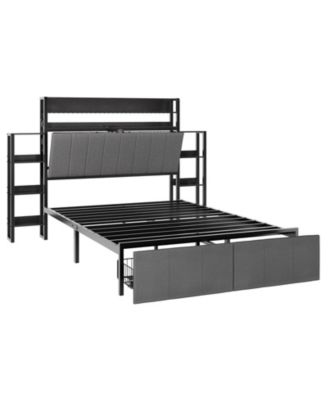 Full Size Upholstered Bed Frame with Hidden Headboard Storage, LED Lights, Charging Station