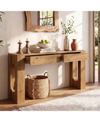 63" Solid Wood Console Table, Farmhouse Entryway Table with 2 Drawers and U-Shaped Legs, Long Sofa Table Behind Couch