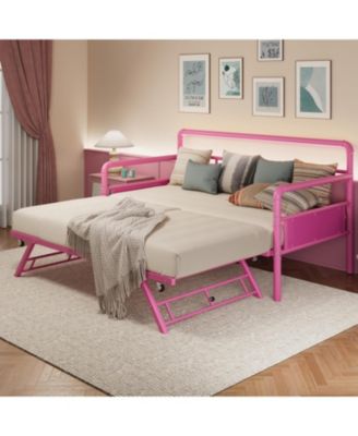 Twin Daybed with Foldable Metal Trundle, Heavy Duty Steel Slats Support, Sofa Bed Frame for Living Room or Guest Room, Noise Free