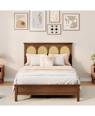 Full Bed Frame with Rattan Headboard – Wooden Platform Bed with Storage Shelf and Under Bed Storage, Silent Slats, No Box Spring Needed