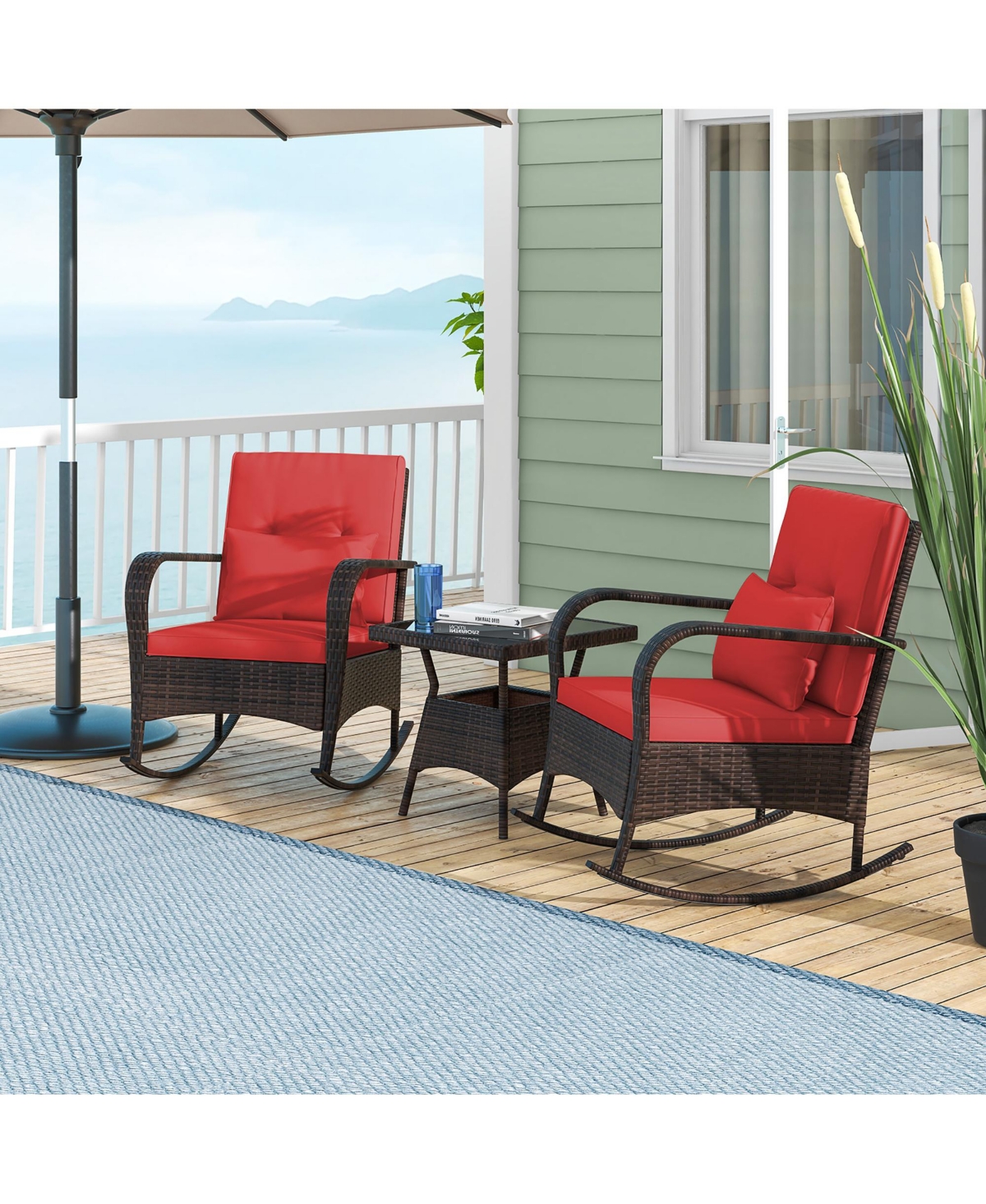 Gymax 3 Piece Outdoor Rocking Set Rattan Rocker Chairs w/ Tempered Glass Coffee Table