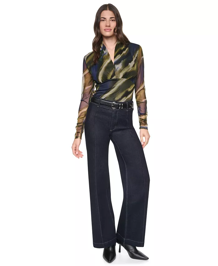 Women's Printed Mesh V-Neck Long-Sleeve Top - thumbnail 7