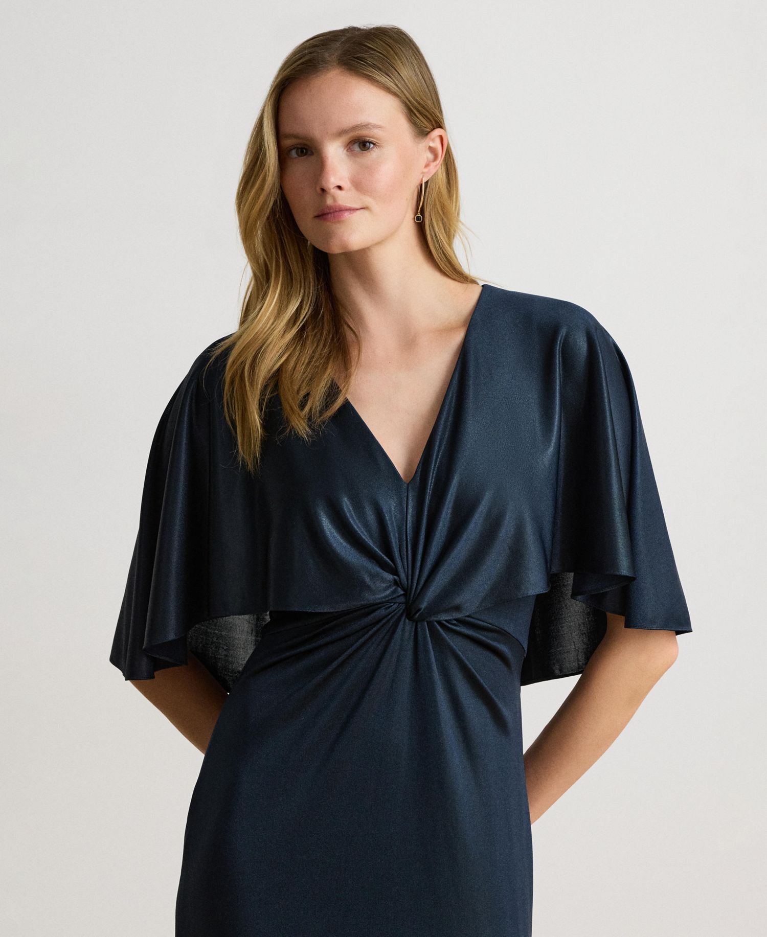 Women's Metallic Jersey Twist-Front Cape Gown