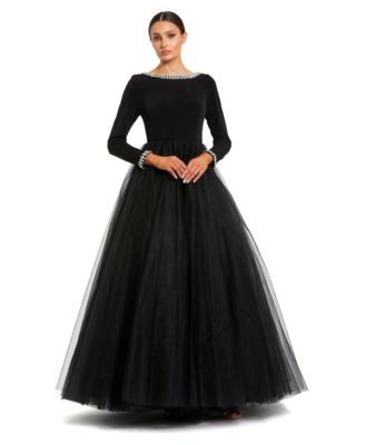 Petite Embellished Jersey Long Sleeve Ballgown With Tulle Skirt