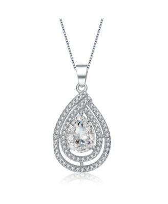 Elegant White Gold Plated CZ Pear & Halo Chic Pendant Necklace