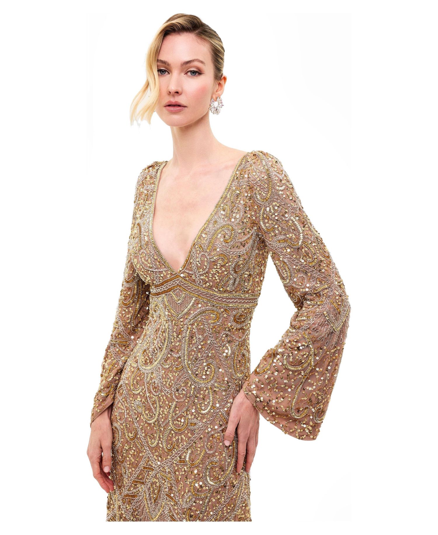 Women's Embellished Sequin V-Neck Maxi Dress