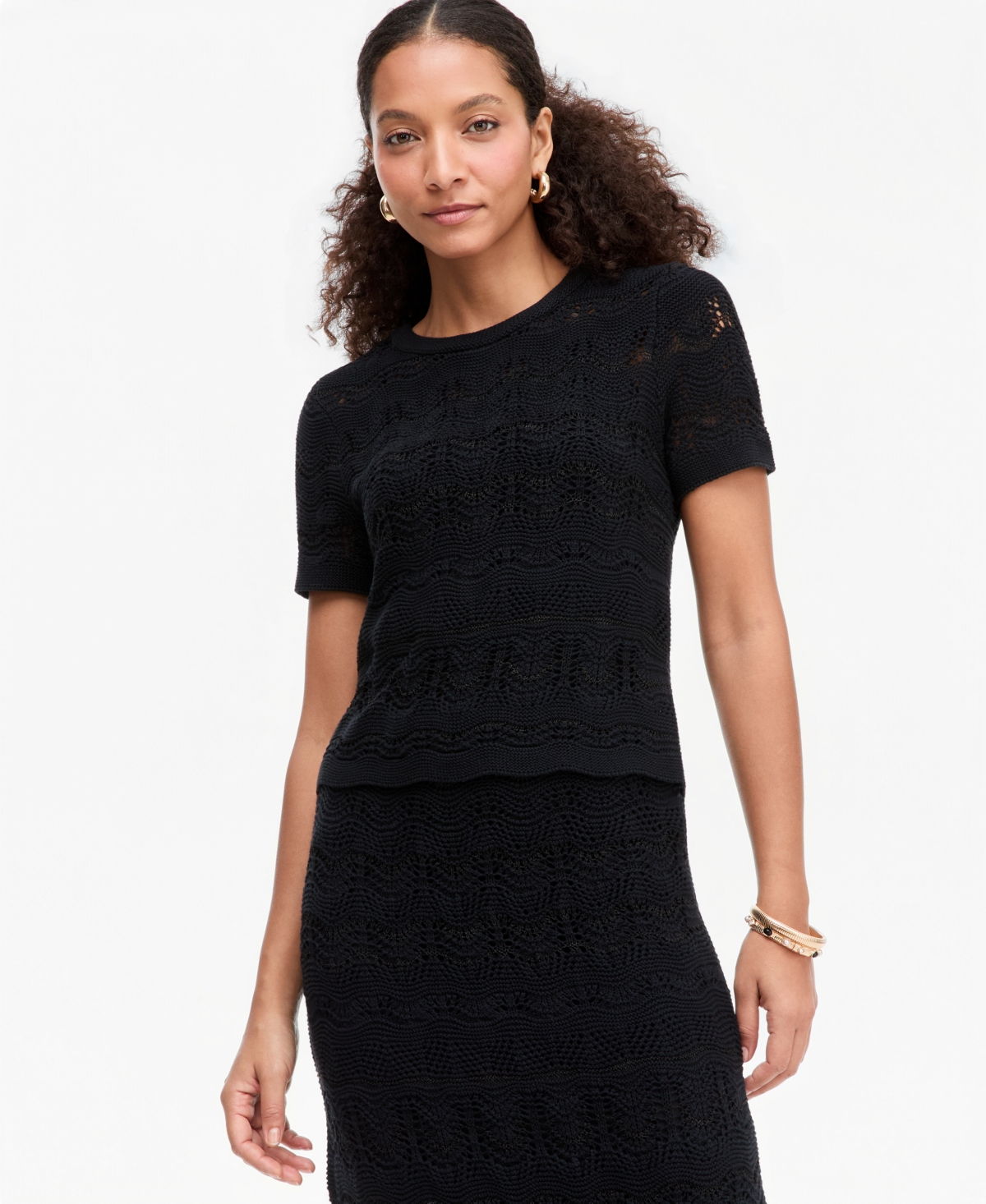 Inc International Concepts Women's Short Sleeve Metallic Crochet Stripe Sweater, Macy's Exclusive In Deep Blk Combo