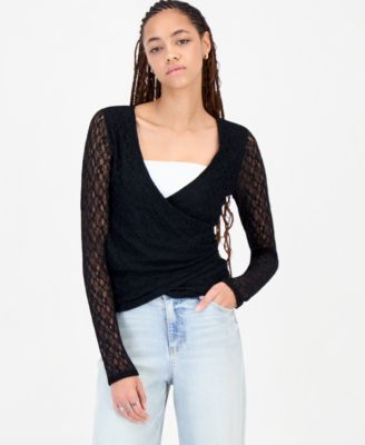 Juniors' Lace Surplice Wrap Long-Sleeve Top