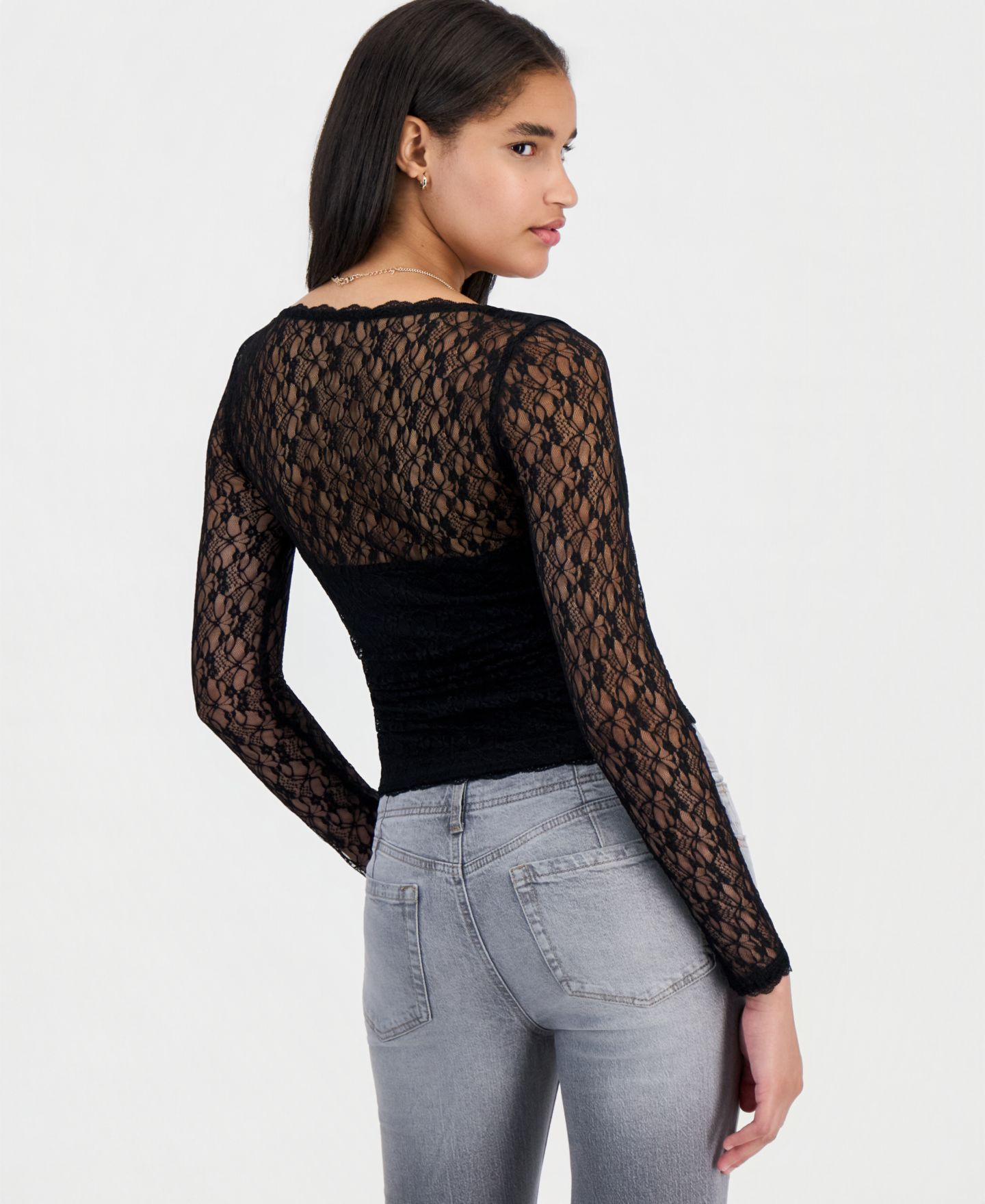 Женский топ Sincerely Jules Juniors' Long-Sleeve Lace Sweetheart-Neckline Top, цвет: Чёрный — фото 3