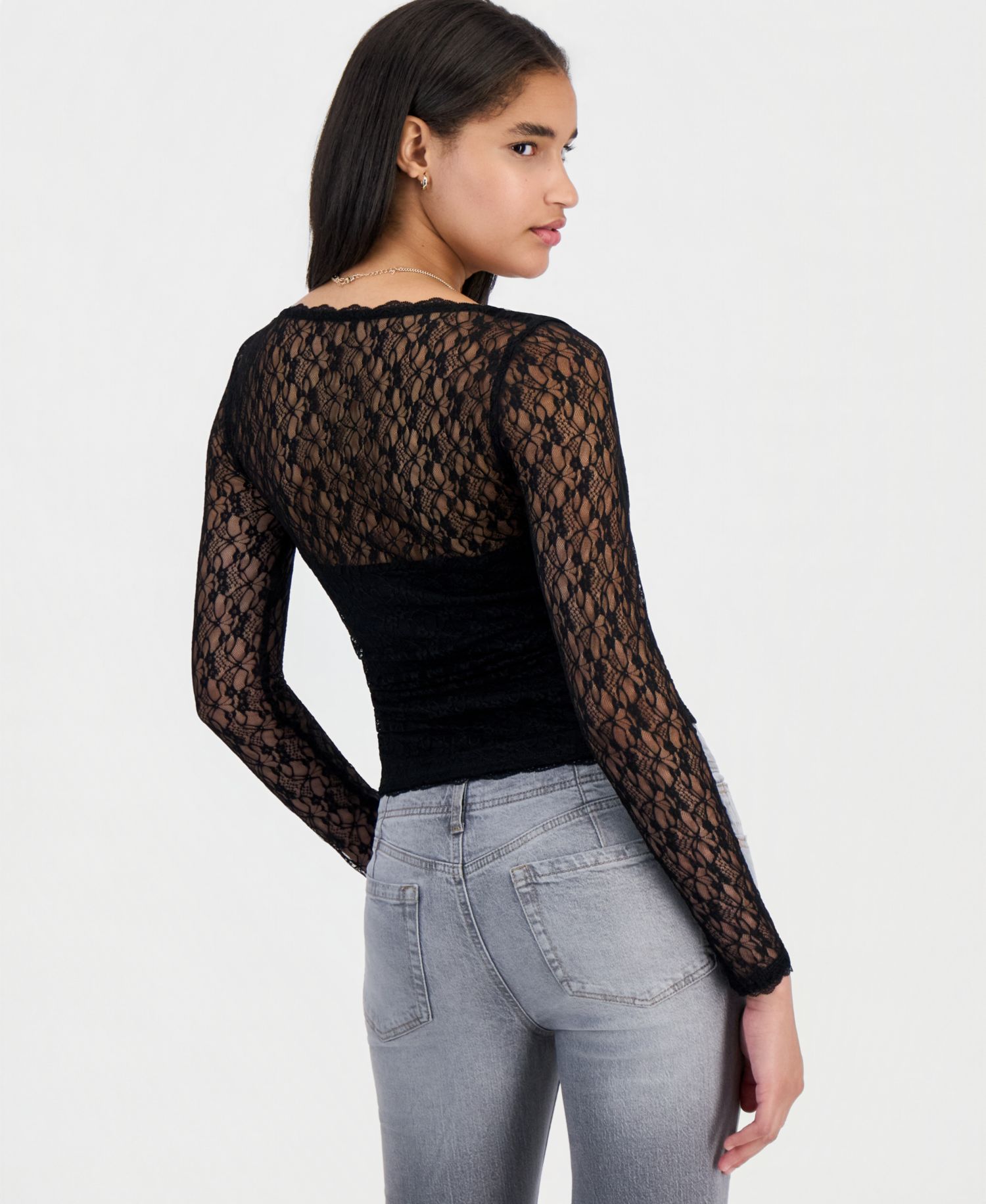 Juniors' Long-Sleeve Lace Sweetheart-Neckline Top
