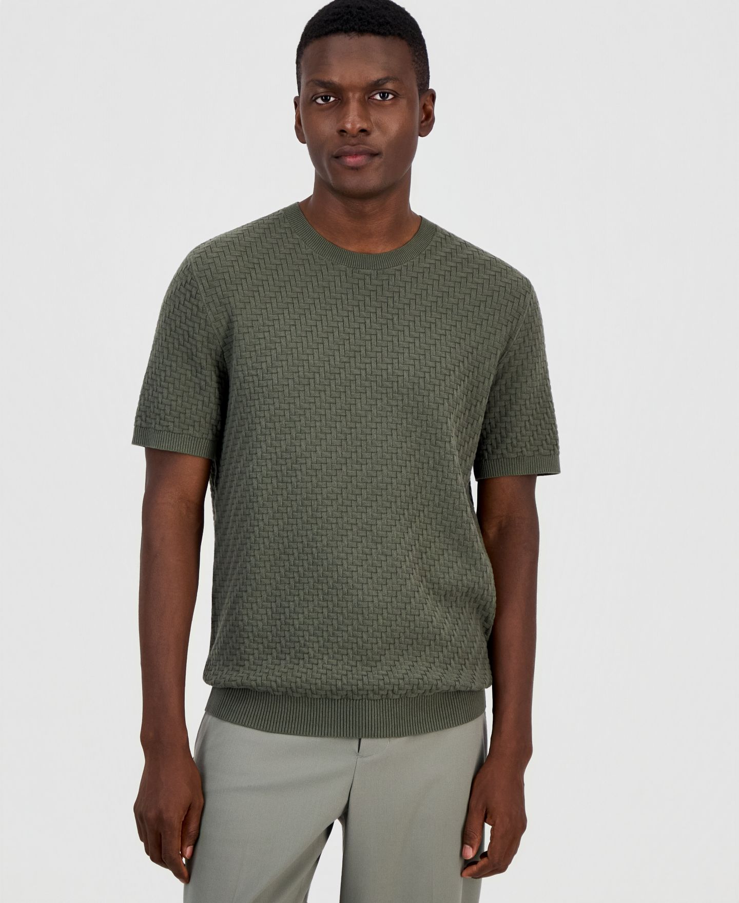Мужской свитер Alfani Basketweave Sweater T-Shirt, цвет: Oliva — фото 1