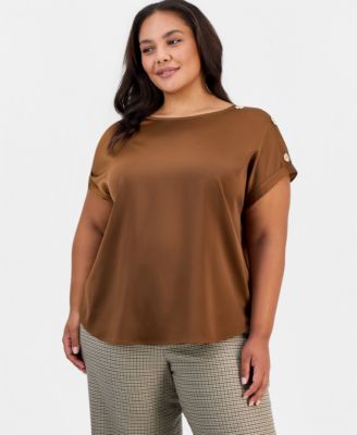 Plus Size Satin Short-Sleeve Shoulder Button Detail Blouse