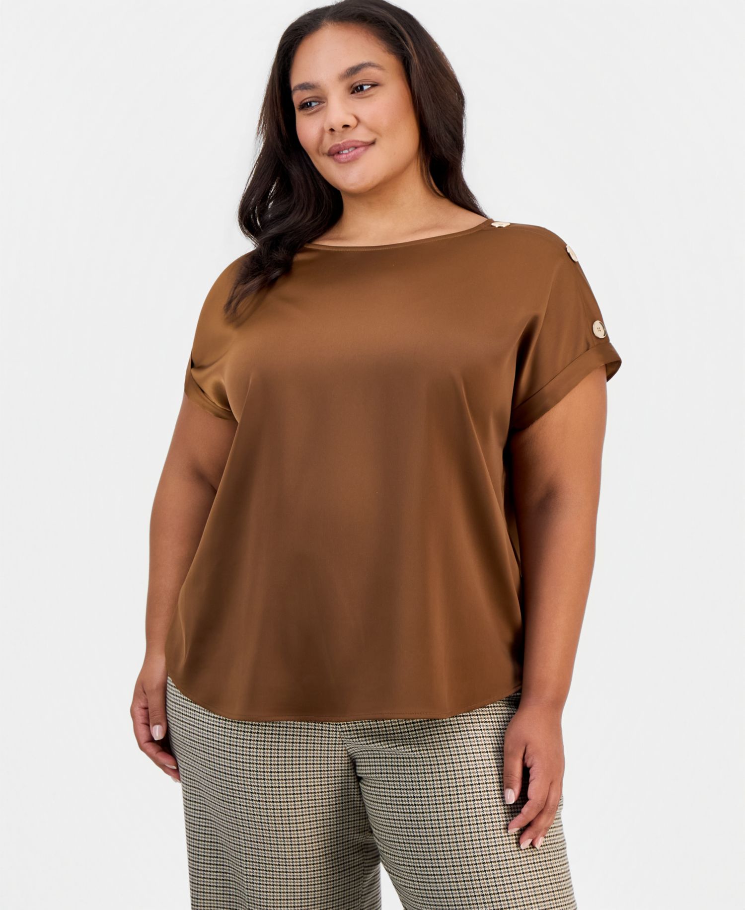 Plus Size Satin Short-Sleeve Shoulder Button Detail Blouse