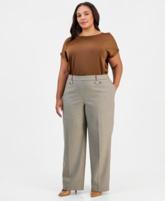 Plus Size Pull-On Wide-Leg Mini Houndstooth Trousers