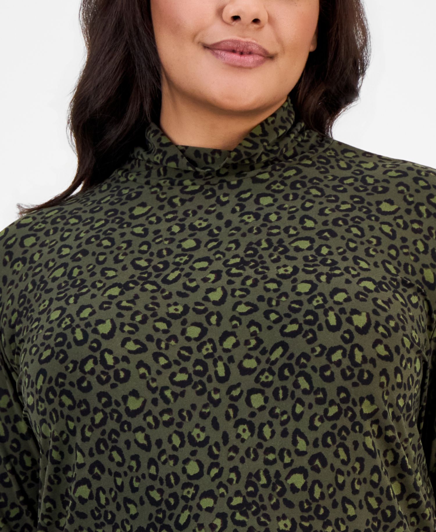 Plus Size Leopard-Print Shirred-Neck Long-Sleeve Turtleneck