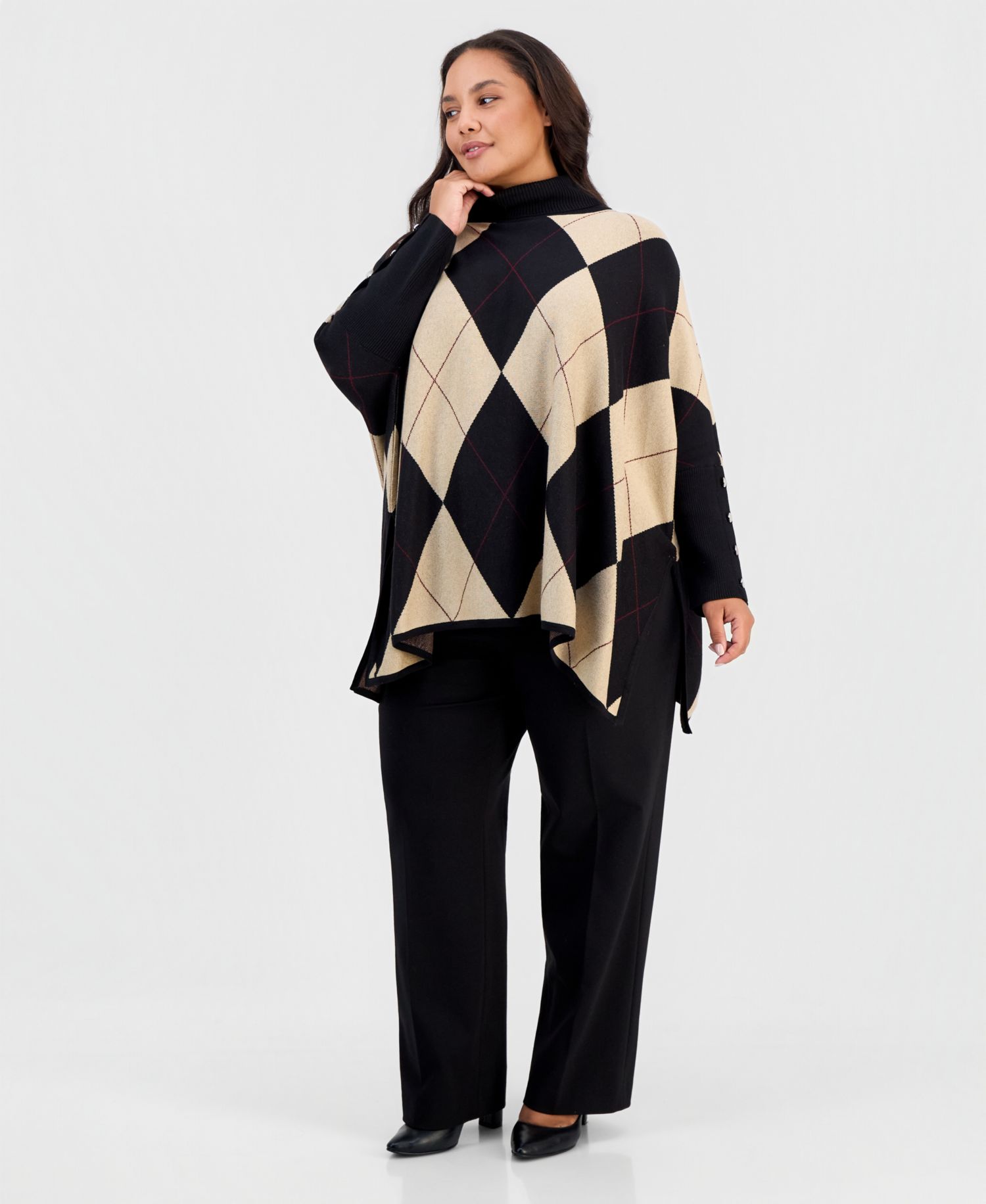 Plus Size Argyle Turtleneck Poncho