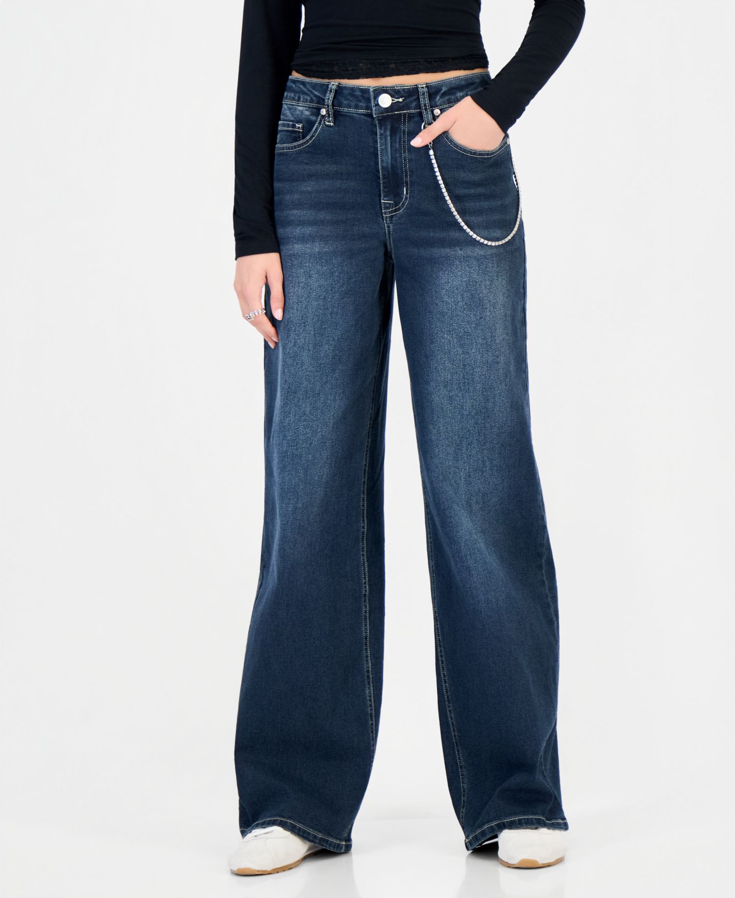 Juniors' 90s Wide Leg Rhinestone-Chain High-Waisted Cotton-Blend Jeans