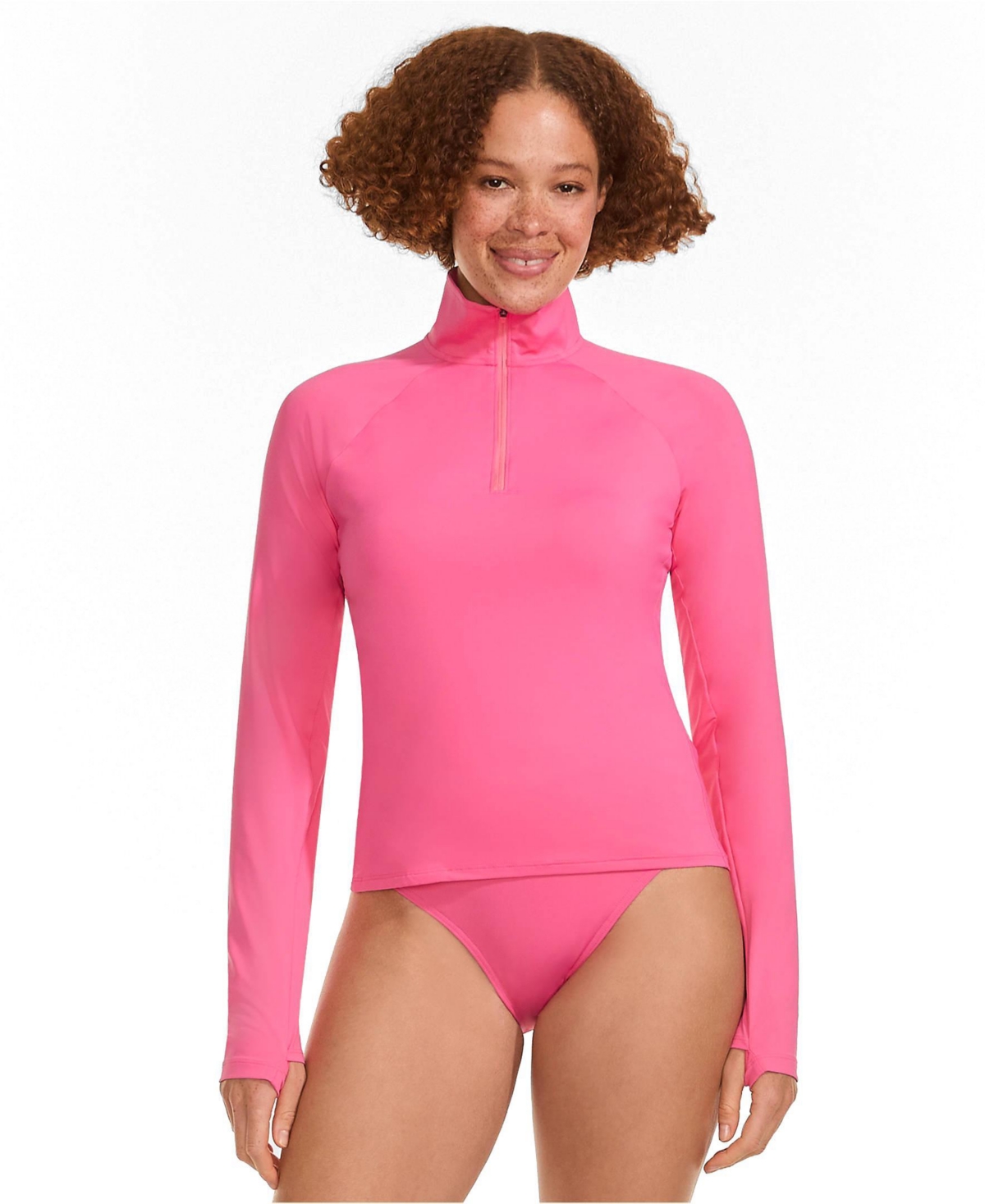 Lands' End Women's Long SunShade Upf 50 Long Sleeve Quarter Zip Rash Guard - Pink azalea