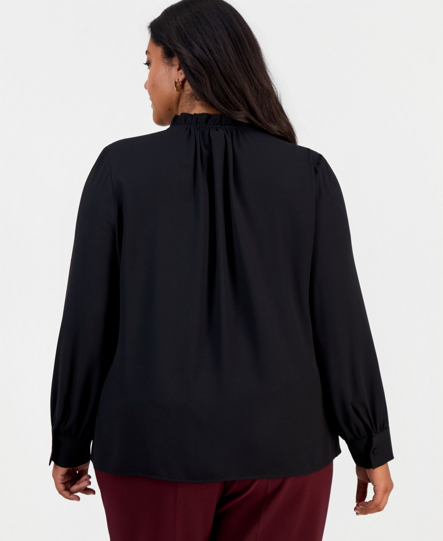 Plus Size Long-Sleeve Keyhole-Neck Ruffle-Trim Blouse