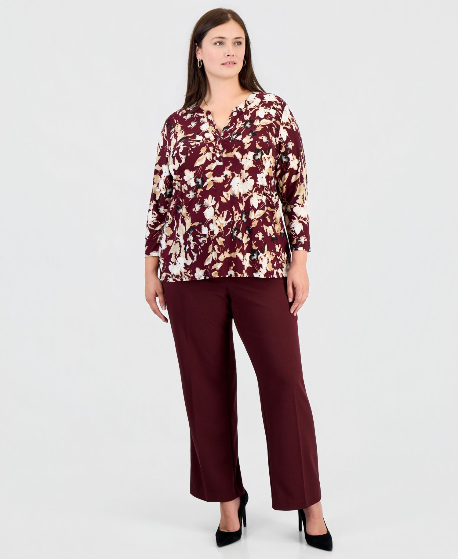 Plus Size Cap-Sleeve Pleat-Neck Floral Blouse