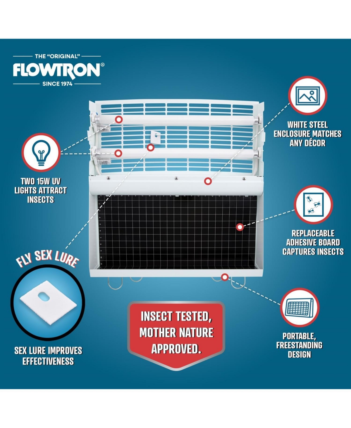 Flowtron Portable Indoor Fly Trap, 30W, Dual Lure Electric Insect Killer, 500 Sq Ft Coverage