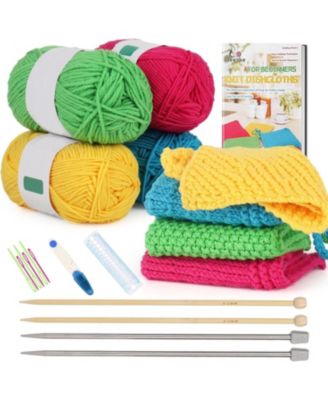 Knitting Kit for Beginners, Complete Beginner Knitting Set with Needles and Cotton Yarn, Learn to Knit Dishcloth