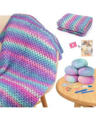 Blanket Crochet Kit for Beginners, Super Easy Crochet Blanket Kit with Soft Gradient Yarns and Video Tutorials, Crocheting Accessories