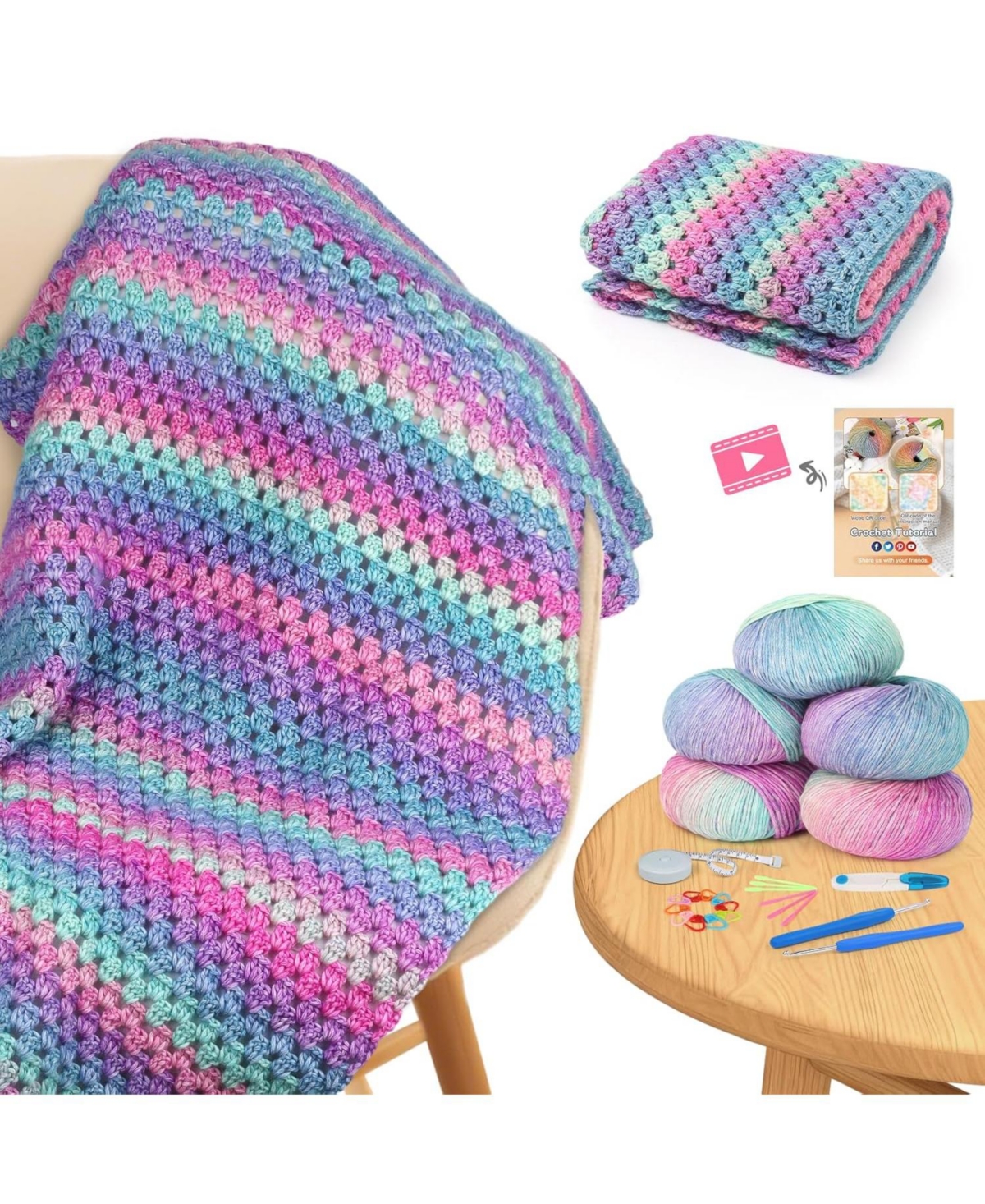 Aeelike Blanket Crochet Kit for Beginners, Super Easy Crochet Blanket Kit with Soft Gradient Yarns and Video Tutorials, Crocheting Accessories