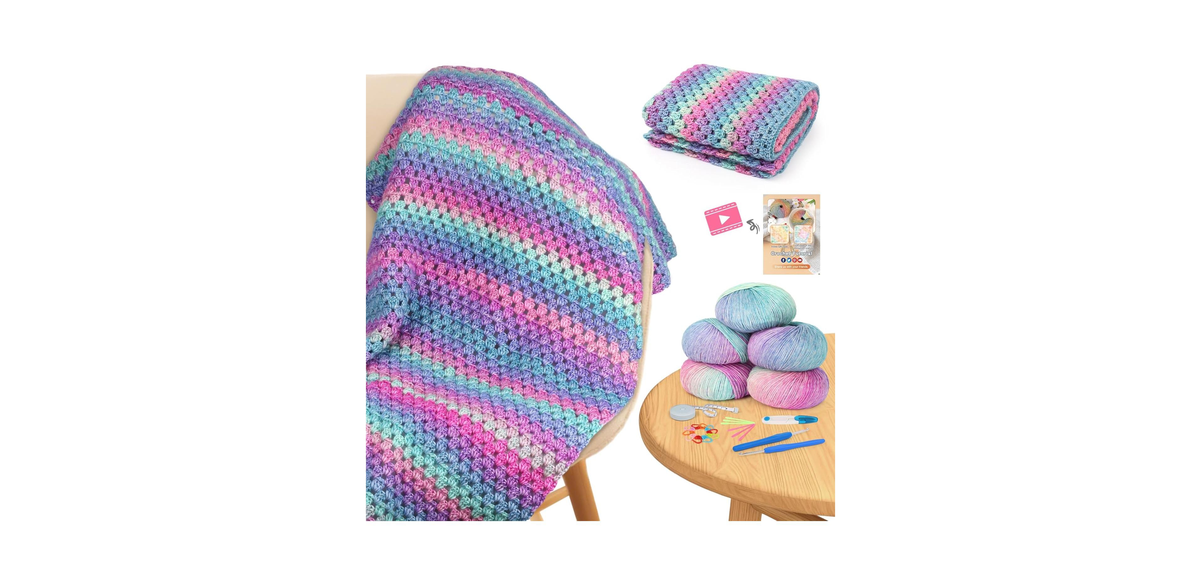 Aeelike Blanket Crochet Kit for Beginners, Super Easy Crochet Blanket Kit with Soft Gradient Yarns and Video Tutorials, Crocheting Accessories