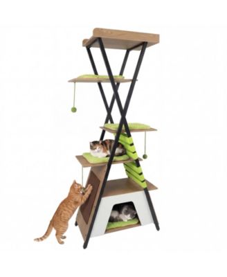 73" Wooden Multi-level Cat Tower with Elevated Perch, Large Condo, Dangling Balls