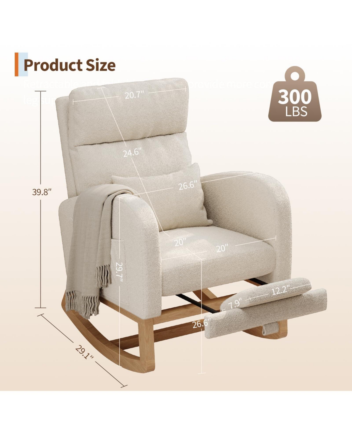 homfan Teddy Fleece Nursery Room Glider Rocking Chair with Extendable Footrest, Side Pockets and Pillow
