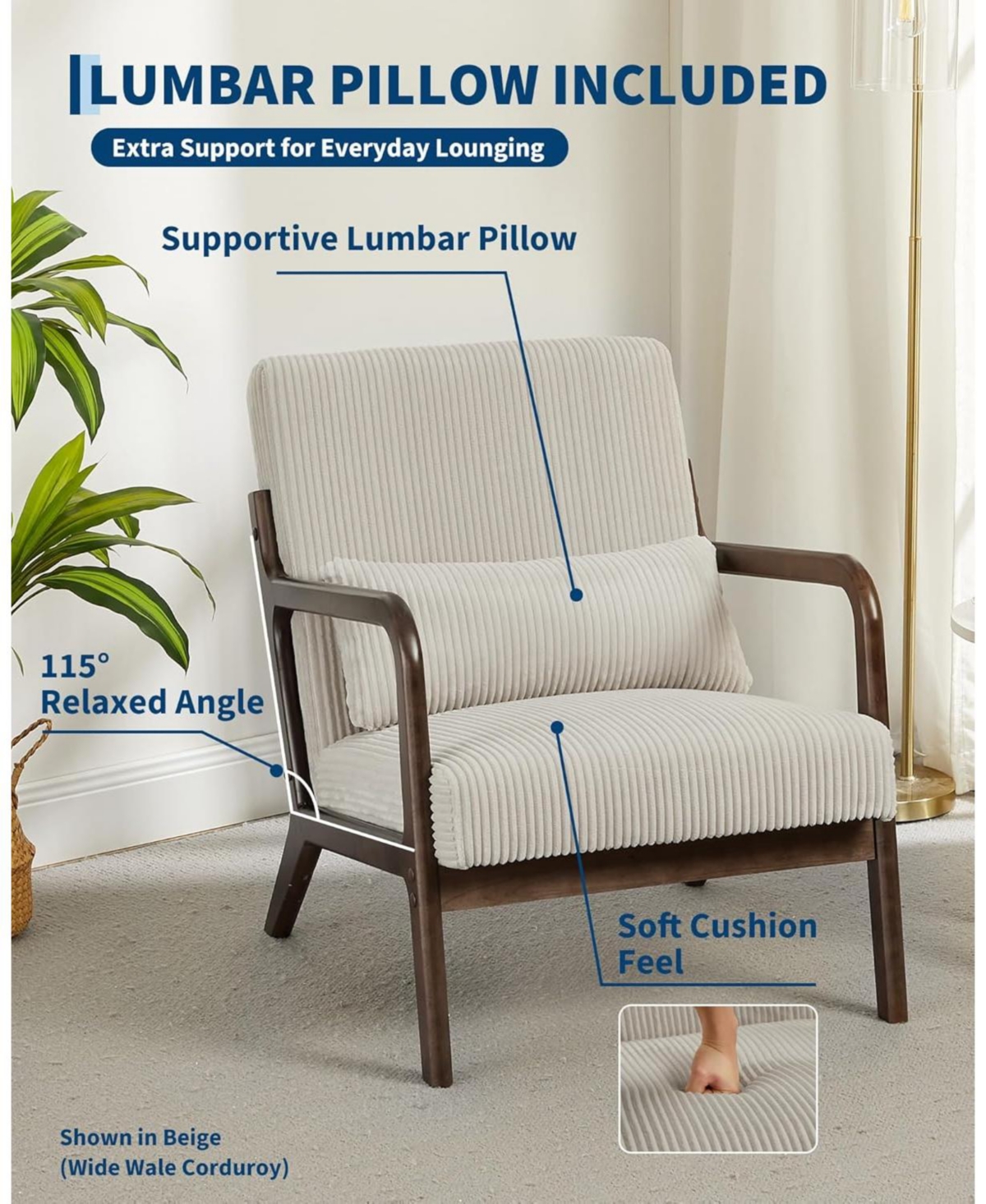 homfan 2-Piece Sherpa Accent Chair – Mid-Century Lounge Armchair with Lumbar Pillow and Wood Frame for Living Room or Office