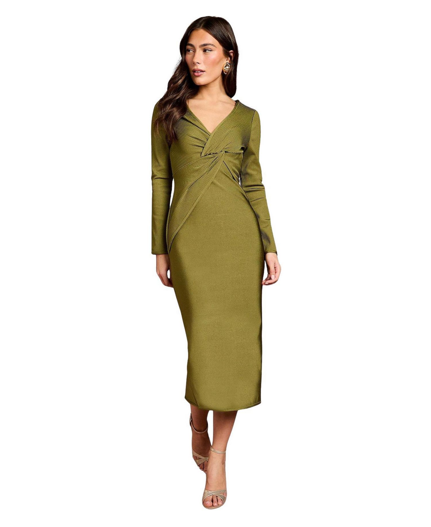 Women's Bandage Twist Front V-Neck Midi Dress