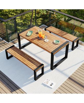 3-Piece Outdoor Acacia Wood Dining Set with Benches with Steel Frame