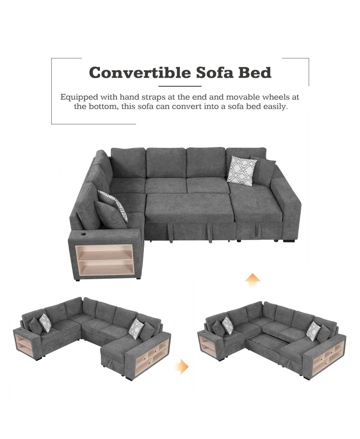Clihome U-shaped Sectional Sofa Pull-out Sofa Bed with Usb Ports and Storage Chaise Lounge and Four Back Pillows for Living Room