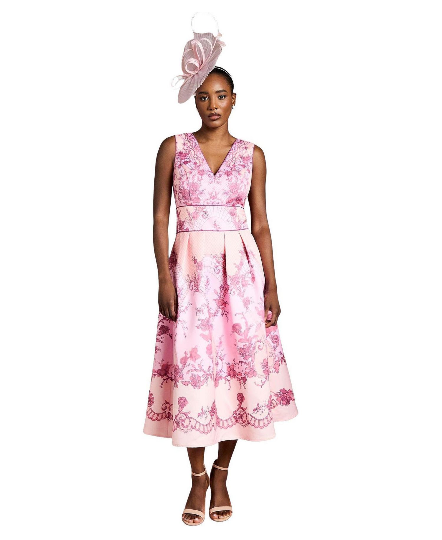 Women's V-Neck Satin Floral Print Midi Dress