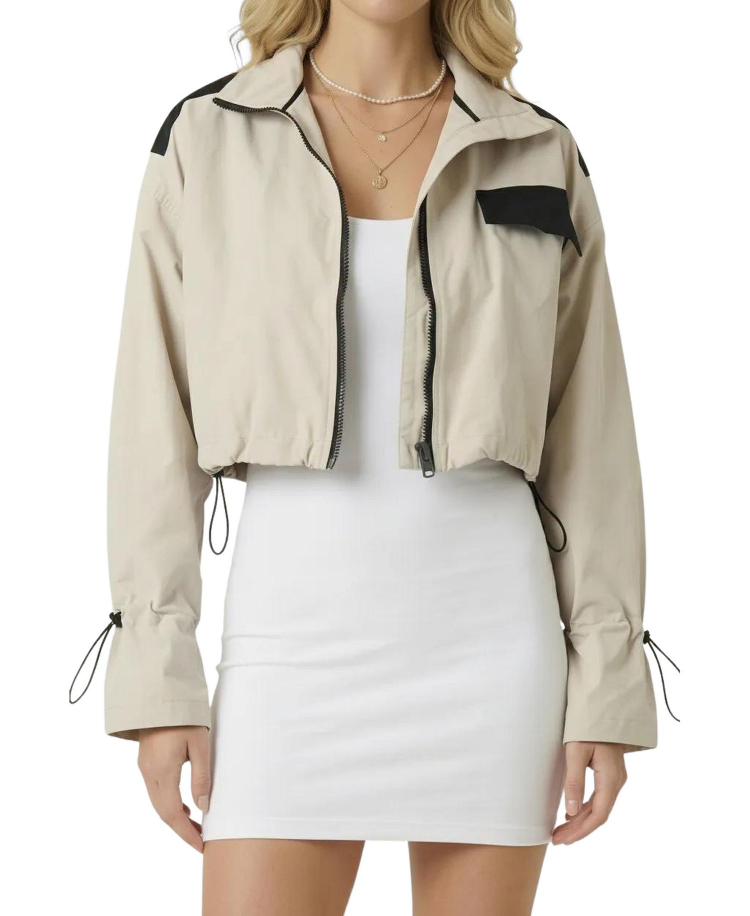 Women's Cropped Zip-Front Contrast-Pocket Jacket
