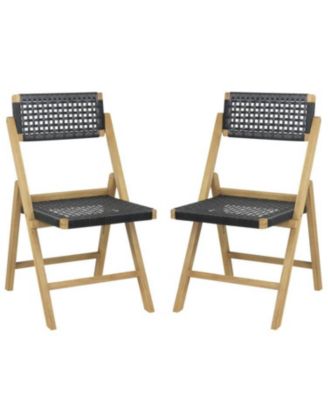 Set of 2 Folding Teak Wood Dining Chairs with Woven Rope Seat and Back