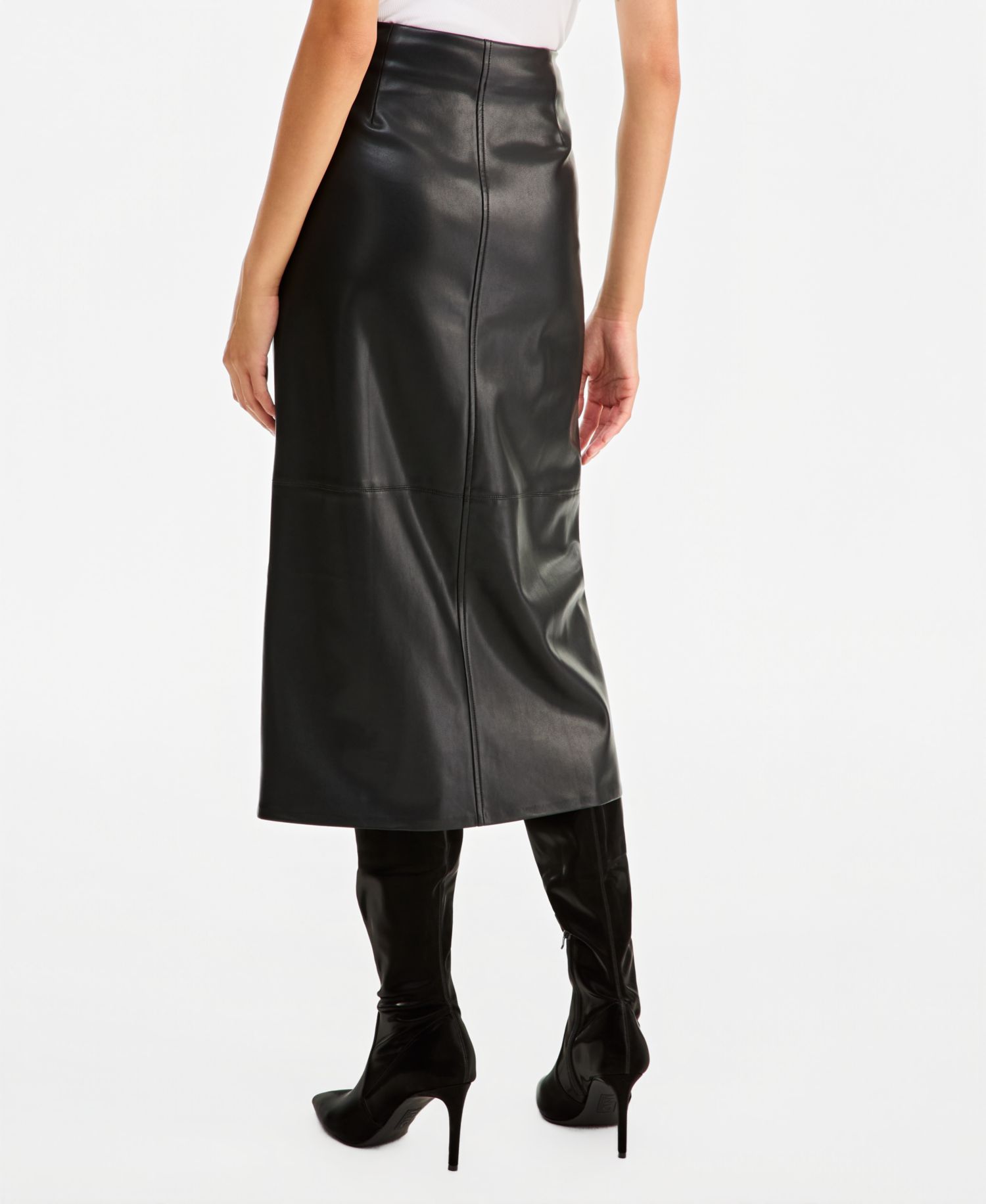Women's High-Waisted Front Slit Faux-Leather Pencil Midi Skirt