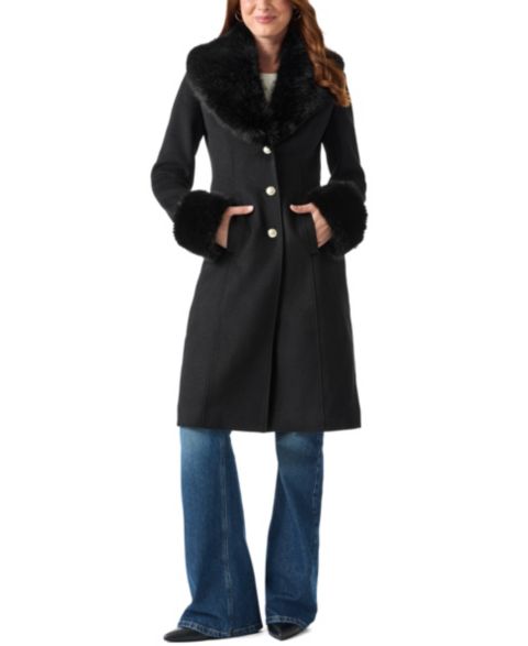 Женское пальто GUESS Faux-Fur Trimmed, цвет: Угольно-чёрный