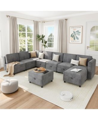 139.4" Chenille Reversible Sectional Sofa, 9-Seater Modular, Comfy Sleeper with Chaise, U-Shape Couch with Storage Seats and Ottomans, Grey