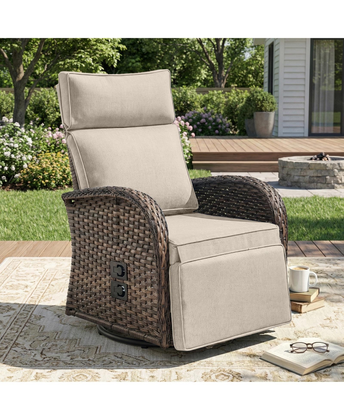 Pocassy Patio Rattan Swivel Recliner Lounge Chair with Adjustable Backrest and Footrest Cushioned Push Back Reclining Seat