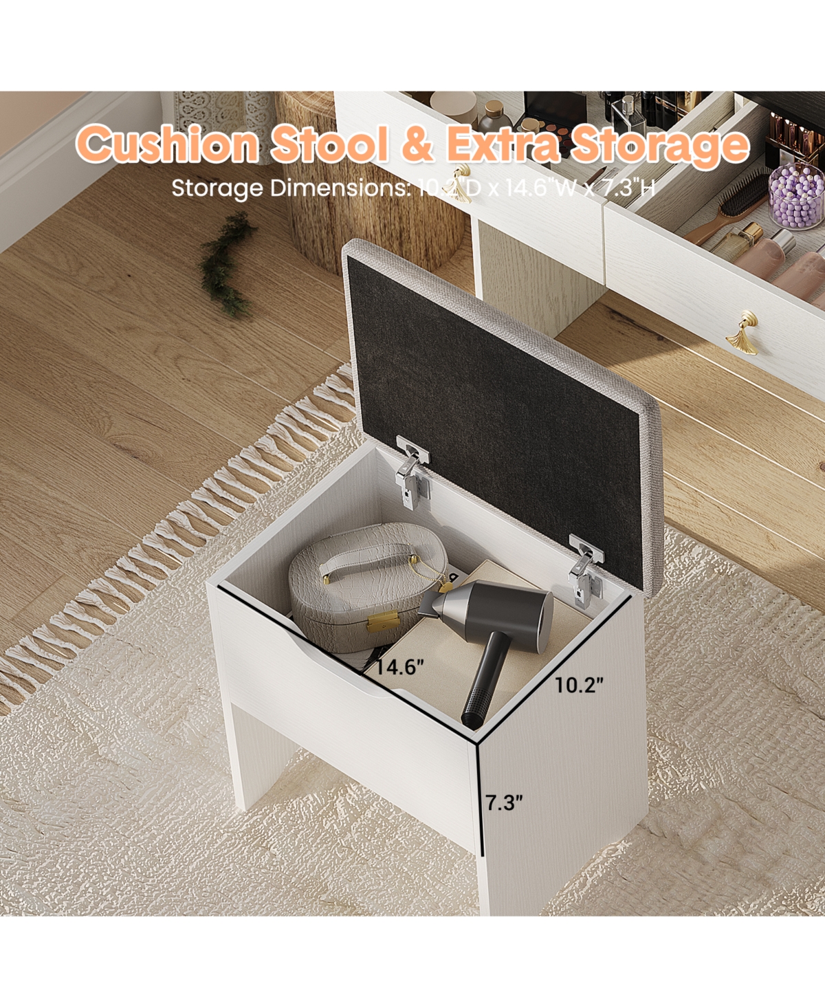 homfan Makeup Vanity Desk Set with Led Mirror, Charging Station, 2 Drawers, and Storage Stool