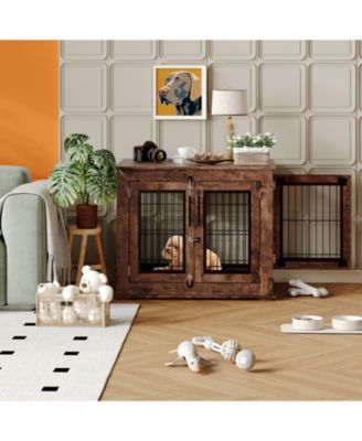 Chew-Resistant Wooden Dog House Furniture for Small/Medium Dogs, Indoor Kennel End Table with Double Doors and Secure Metal Frame