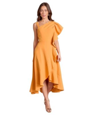 Women's One Shoulder Crepe Ruffle Midi Dress